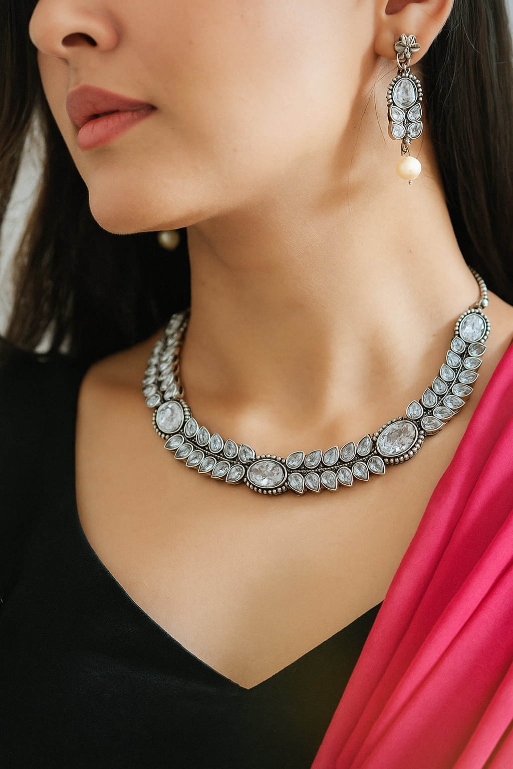 Crystal Stone Oxidized Necklace Set with Pearl Drop Earrings